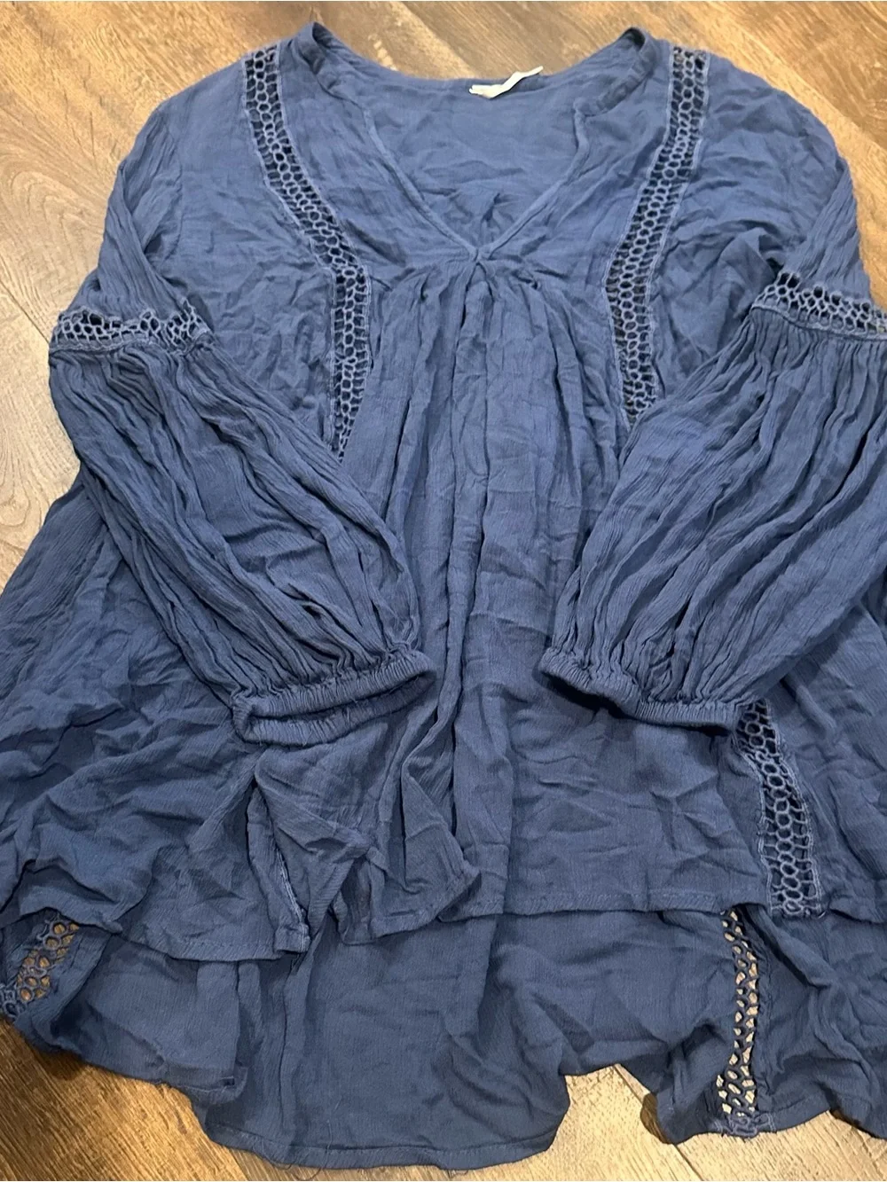 Free People Navy Crochet-Trim Gauze Tunic
